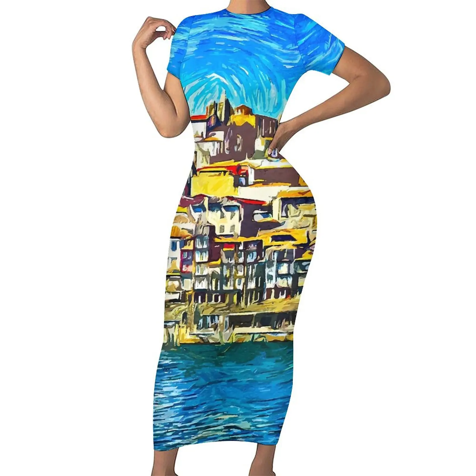 

Oil Painting Print Bodycon Dress Summer Porto Portugal Cute Maxi Dresses Ladies Short Sleeve Street Style Dress Large Size 6XL