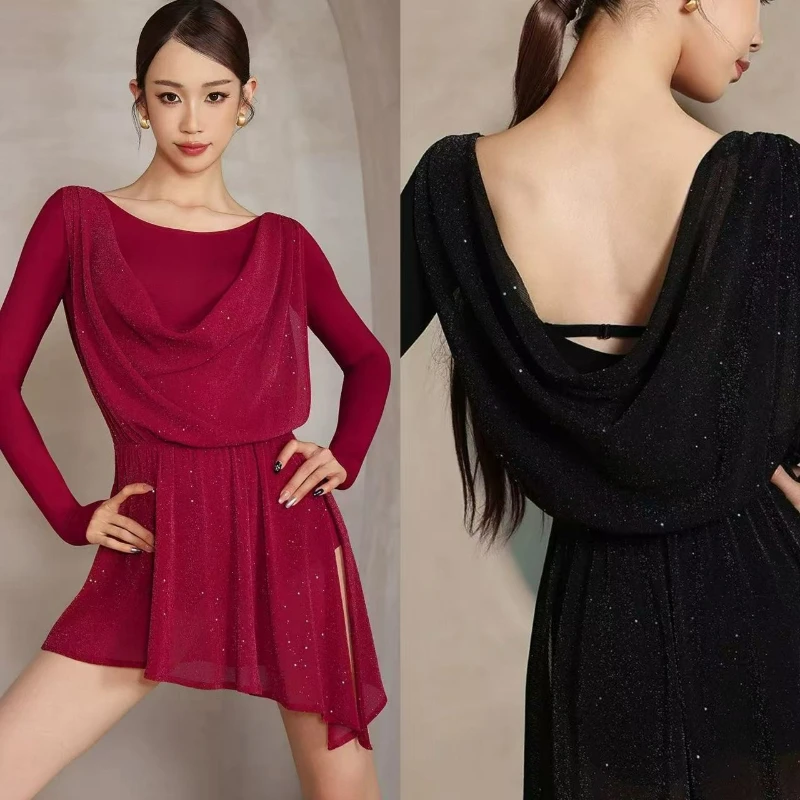 

Сексуальное платье для латиноамериканских танцев для женщин: с длинным рукавом, открытой спиной, разрезом и сетчатыми вставками, для выступлений на сцене, сальсы и самбы