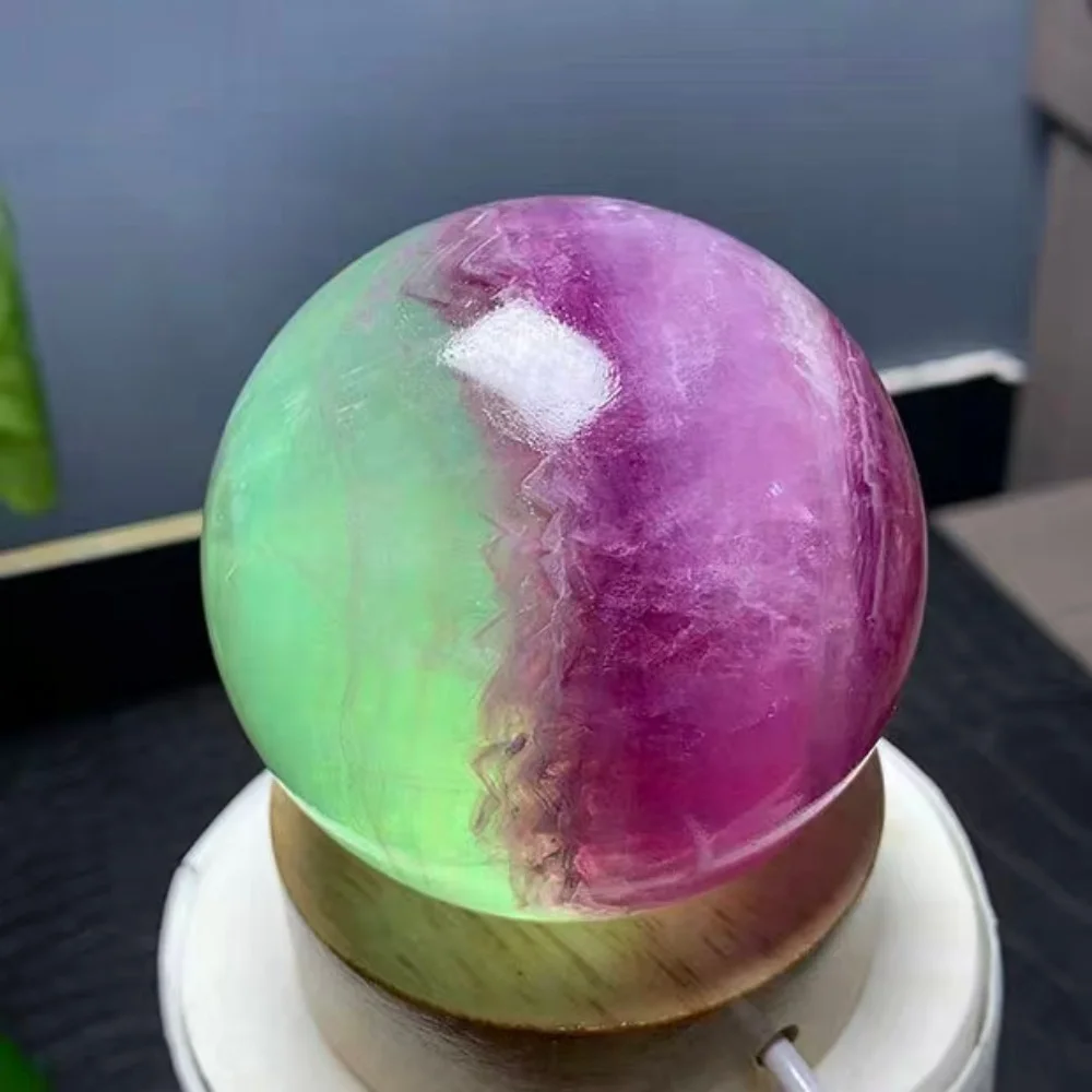 Natural Seven-Color Fluorite Balls, Crystal Quartz Colored Rough Stone Polished Balls, Mineral Healing + Base