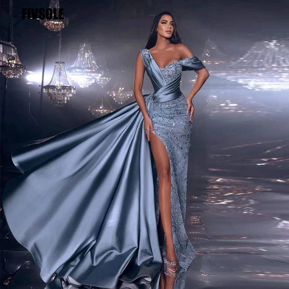 Aenyrst Elegant Saudi Arabia Mermaid Prom Gowns Sparkly Crystals Split Off The Shoulder Evening Dresses Women فساتين الحفلات