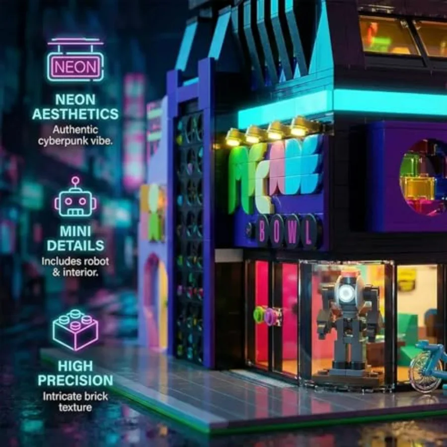 Arcade Modular Building Blocks Set with LED Lights Cyberpunk Retro Arcade Bowl Street View Bricks 2600PCS Collectible Construct view 3
