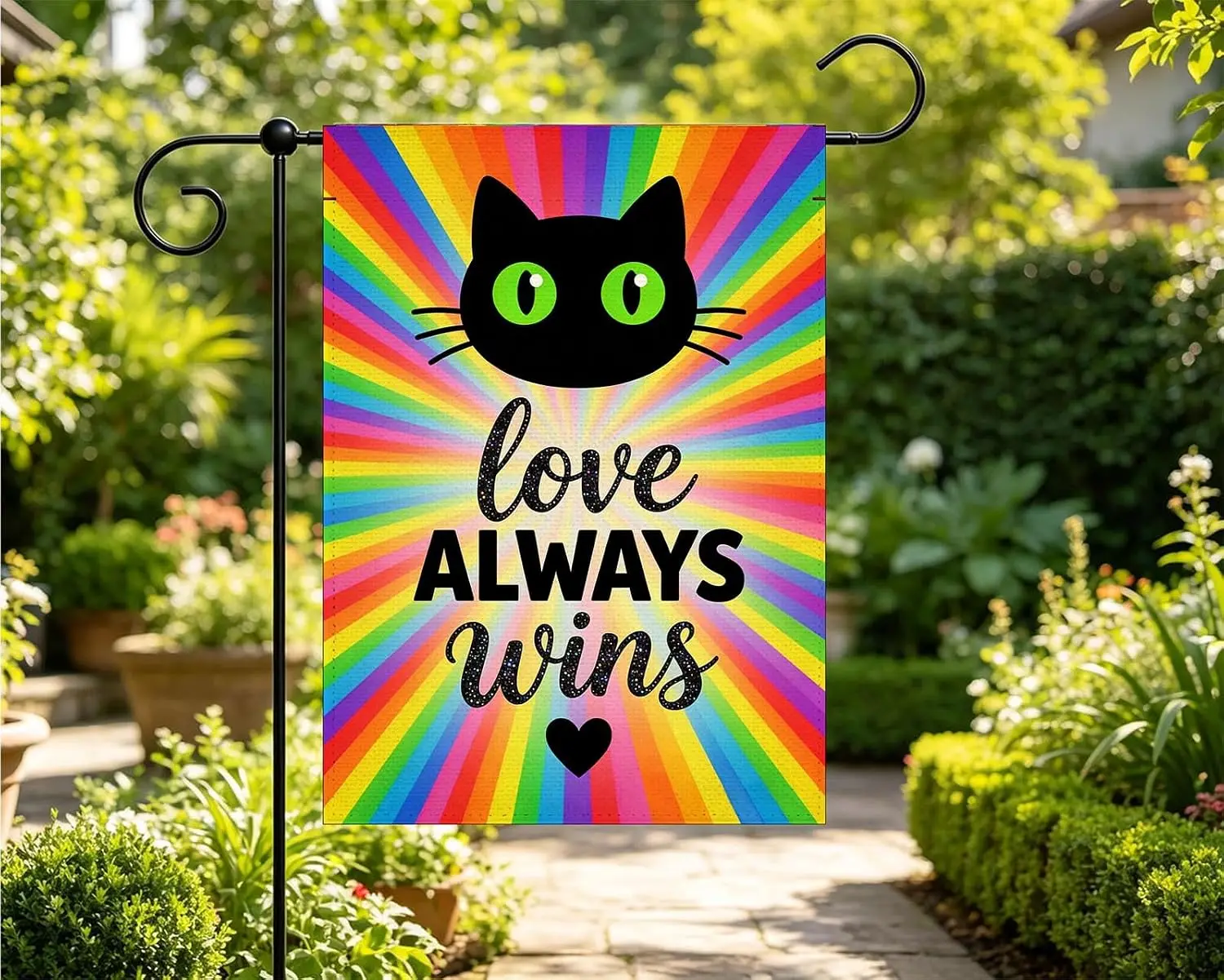 Love Always Wins LGBT Rainbow Cat Garden Flag 12.5x18 Inch Double Sided Small Burlap, Cute Pride Yard Decor for Patio &  yyi