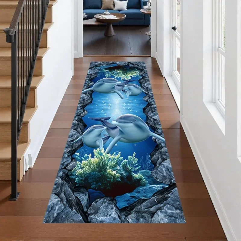 3D Optical Illusion Ocean World Runner Rug Dolphin Coral Reef Print Carpet Realistic Underwater Scene Home Decor Mat for Hallway