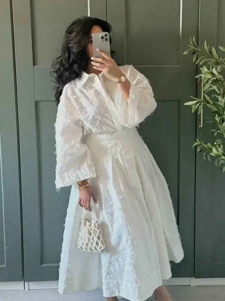 

Street Shirt Skirt Set Women Turn Down Collar Button Top High Waist Pleated Skirts Outfits 2025 Spring Summer Female Casual Suit