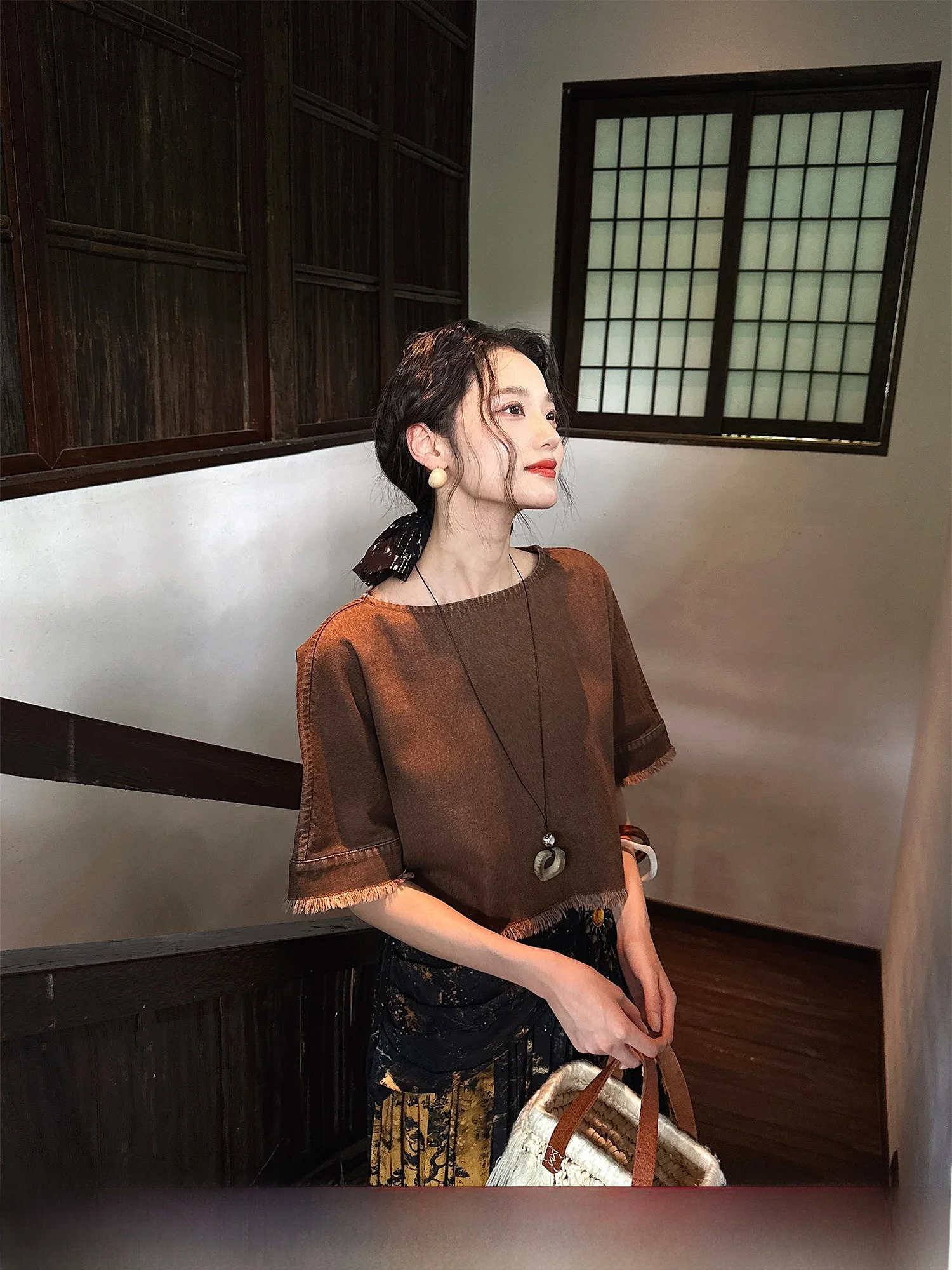 

Женская футболка Sanji Bla Flower с коротким рукавом, хлопковая, винтажная, с джинсовым подолом, летняя новинка, влагоотводящая