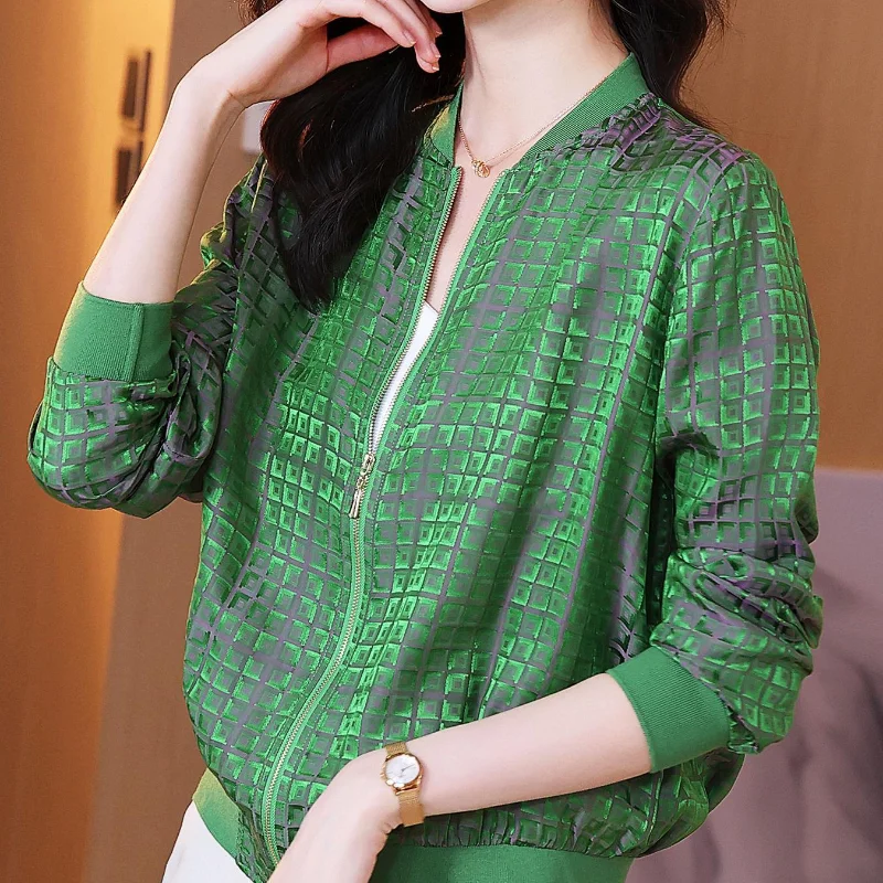 

Fashion plaid simulation silk baseball uniform short jacket women 2023 summer sunscreen clothing ladies temperament jacket top