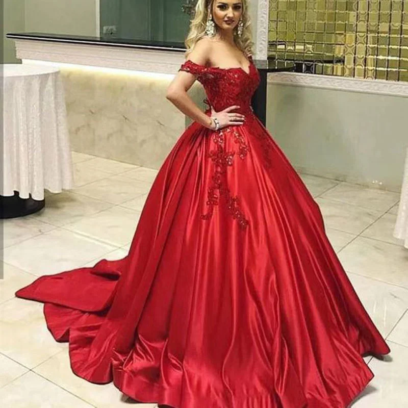 Elegant Women's Formal Evening Dresses Off Shoulder Short Sleeved Embroidered A-line Wedding Party Dress Floor Length Ball Gown