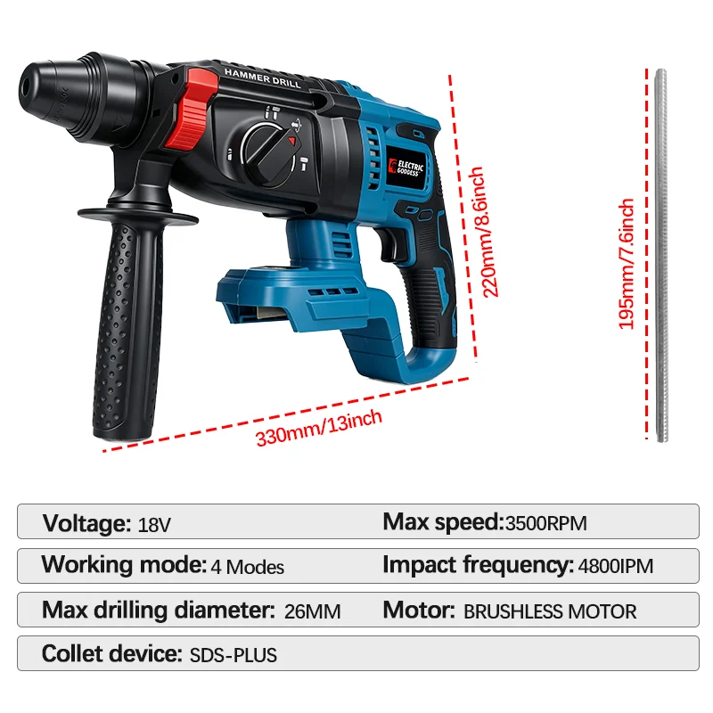 Electric Goddess 26mm Brushless Electric Impact Hammer Multifunctional Rotary Breaker Hammer Tool For MAkita 18V Battery ﻿Pin