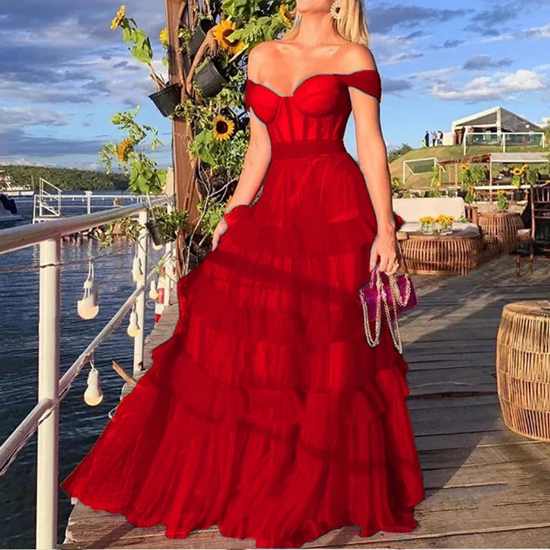 Ruffle Tiered Tulle Layers Long Prom Dresses Off The Shoulder Fuchsia Party Evening Gown Floor Length robes de soirée 2024