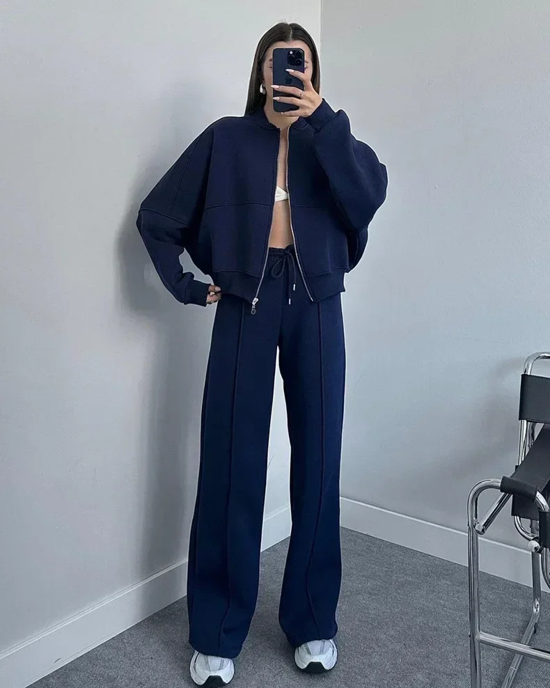 2024 Autumn Women Tracksuit Suit Black Long Sleeve Coat High Waist Wide-leg Long Pants Set Female Fashion Casual Clothes Lady