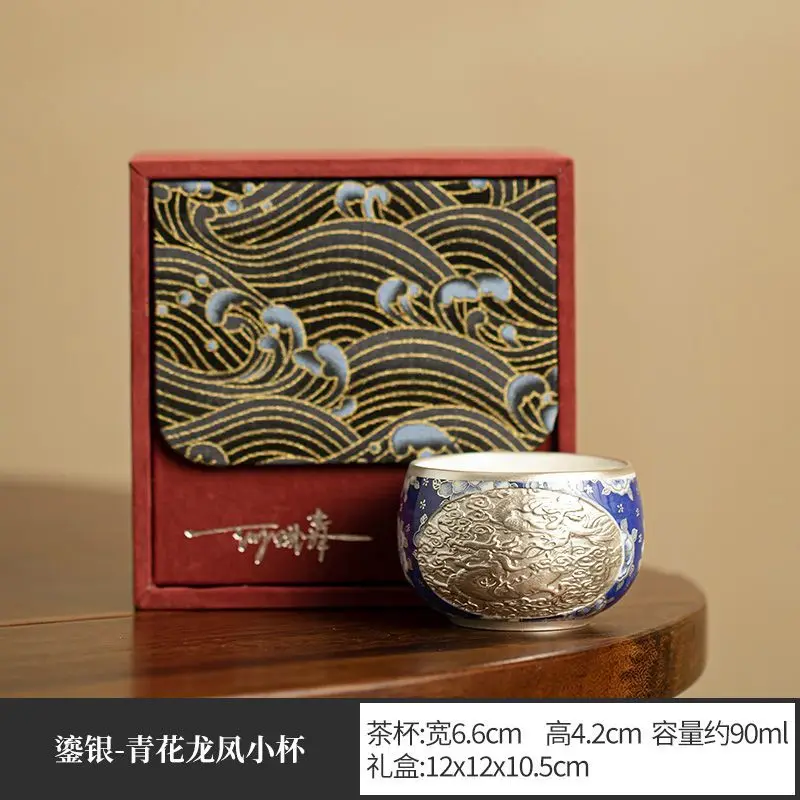 Silver 999 Pure Gilt Silver For Home Use Blue White Dragon And Phoenix Design Ceramic Kung Fu Set Vintage Tea Tasting Cup