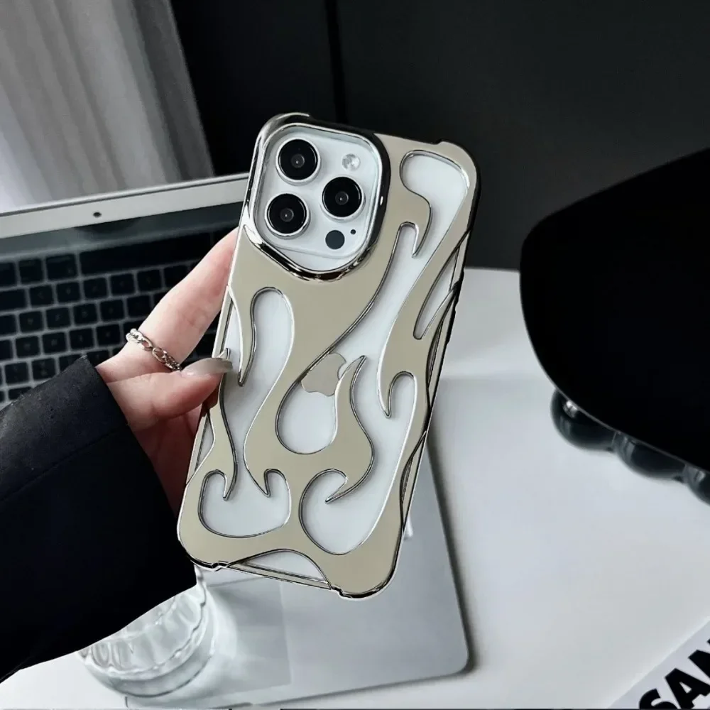 Galvanisierte hohle Wärmeableitungs-Telefonhülle für iPhone 17 Air 16E 16 15 Plus 14 13 12 11 Pro Max 3D-Flammenmuster-Abdeckung