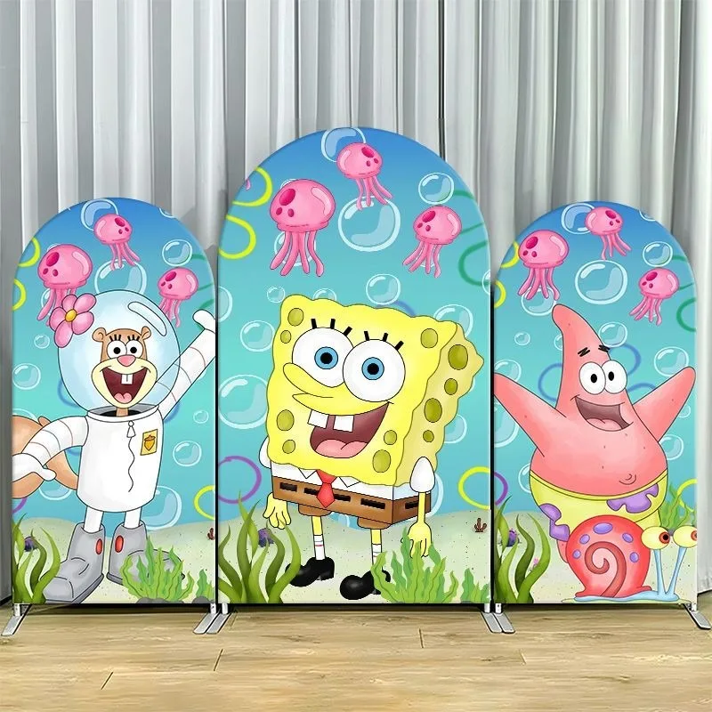 

SpongeBob Patrick Sandy Arch Backdrop Cover Ocean Party Decor Single Layer Elastic Fabric Photo Booth Background Party Supplies