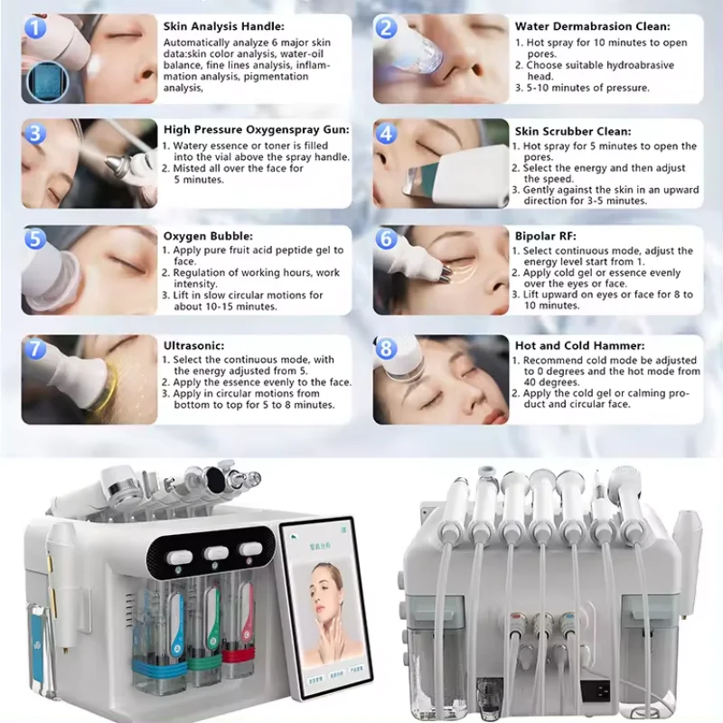 Portable 8 In 1 Oxygen Facial Machine Skin Analysis H2O2 Small Bubble Hydra Dermabrasion Deep Cleansing Microdermabrasion Machin