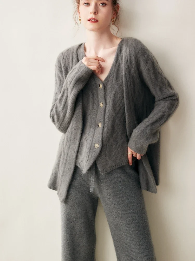 Women 100% Cashmere Sweater V-neck Waistcoat Cable Knit Cardigan Cashmere Suit Autumn Winter Luxury Simple Style Cashmere Tops