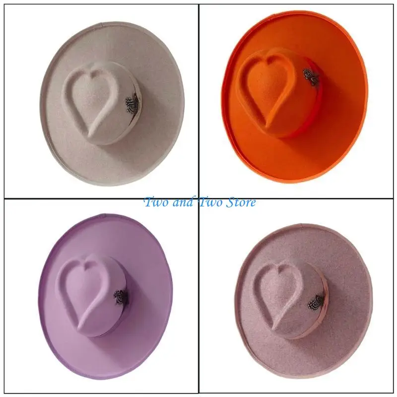 

HX6F Elegant Homburg Hat with Heart Top Flat Wide Brimmed Hat Surprise Gifts Headwear for Vacation Photo Props