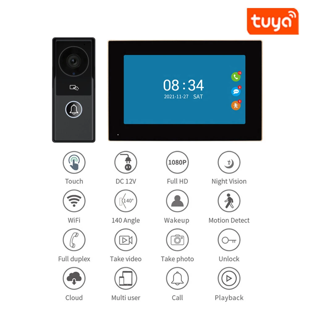 KW06B Wifi Video Doorbell System 1080P Doorphone Door Camera, 7 Inch Touch Screen, Video Intercom IP Villa for Home 4 Wire