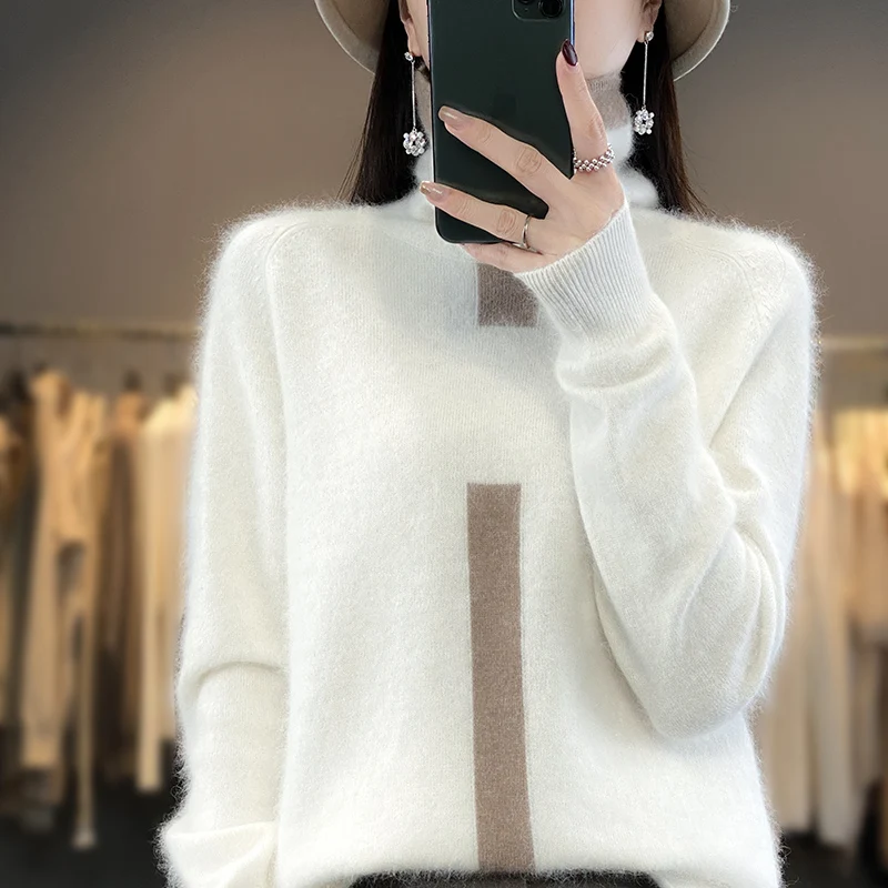 RONGYI 100% Mink Cashmere Women\'s Turtleneck Pullover Knitted Color Matching Fashion Casual Coat Autumn And Winter Hot Top