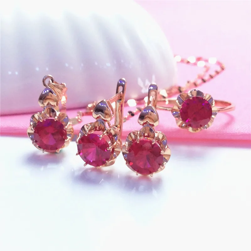 Ruby Flower Women's Jewelry Set Sophisticated Glamour Wedding earrings for women 585 Purple Gold 14K Rose Gold necklaces rings