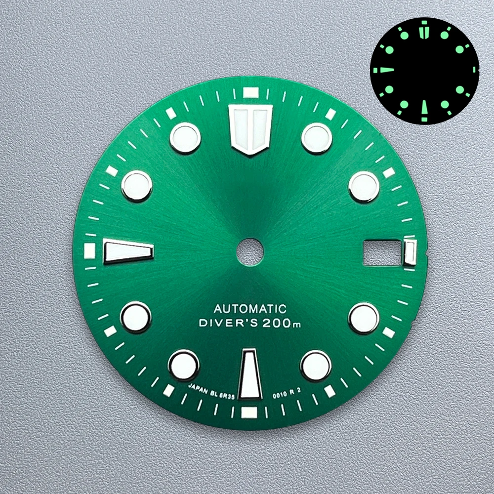 Esfera Sunburst con logotipo S de 28,5mm compatible con movimiento japonés NH35/NH36, accesorios de modificación de reloj de buceo luminosos verdes de alta calidad