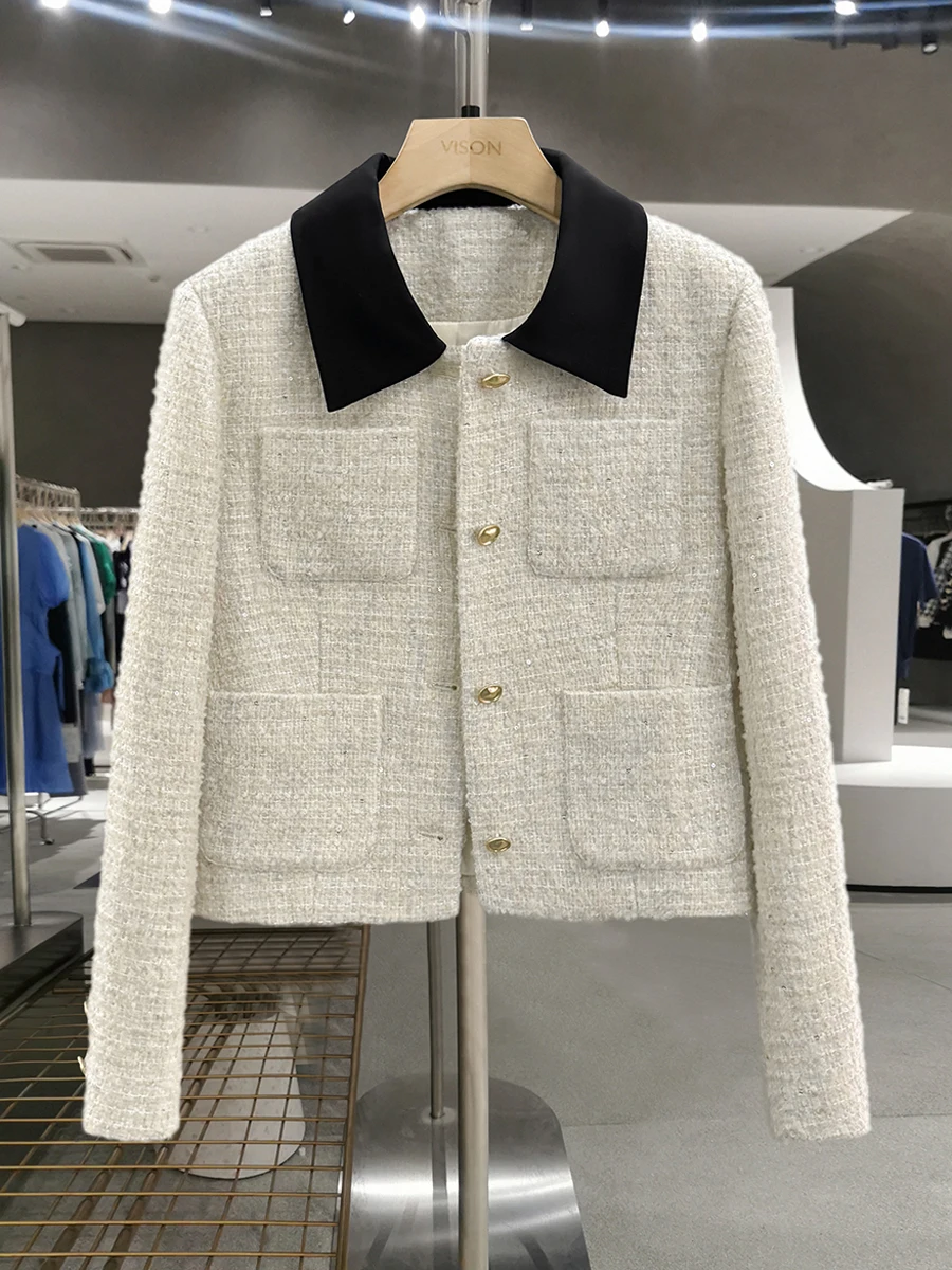 

Sle Color Blo ort Coat Women's Faion Slimming Top Luxury Autumn Winter Straight Cut Long Sve Button up