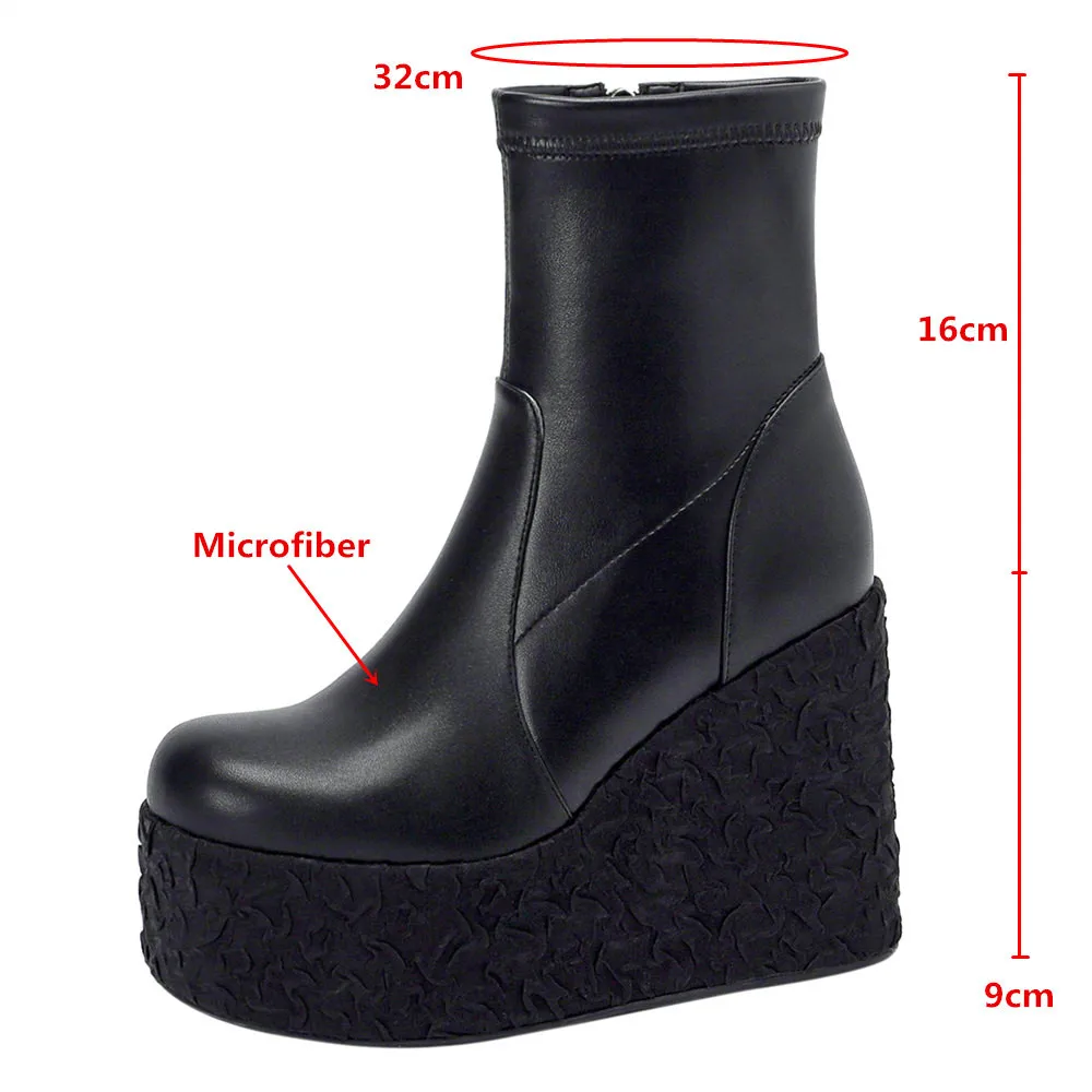 MILI-MIYA New Arrival Women Stretch Microfiber Ankle Boots Platform Super High Wedges Round Toe Zippers Plus Size 34-42 Handmade
