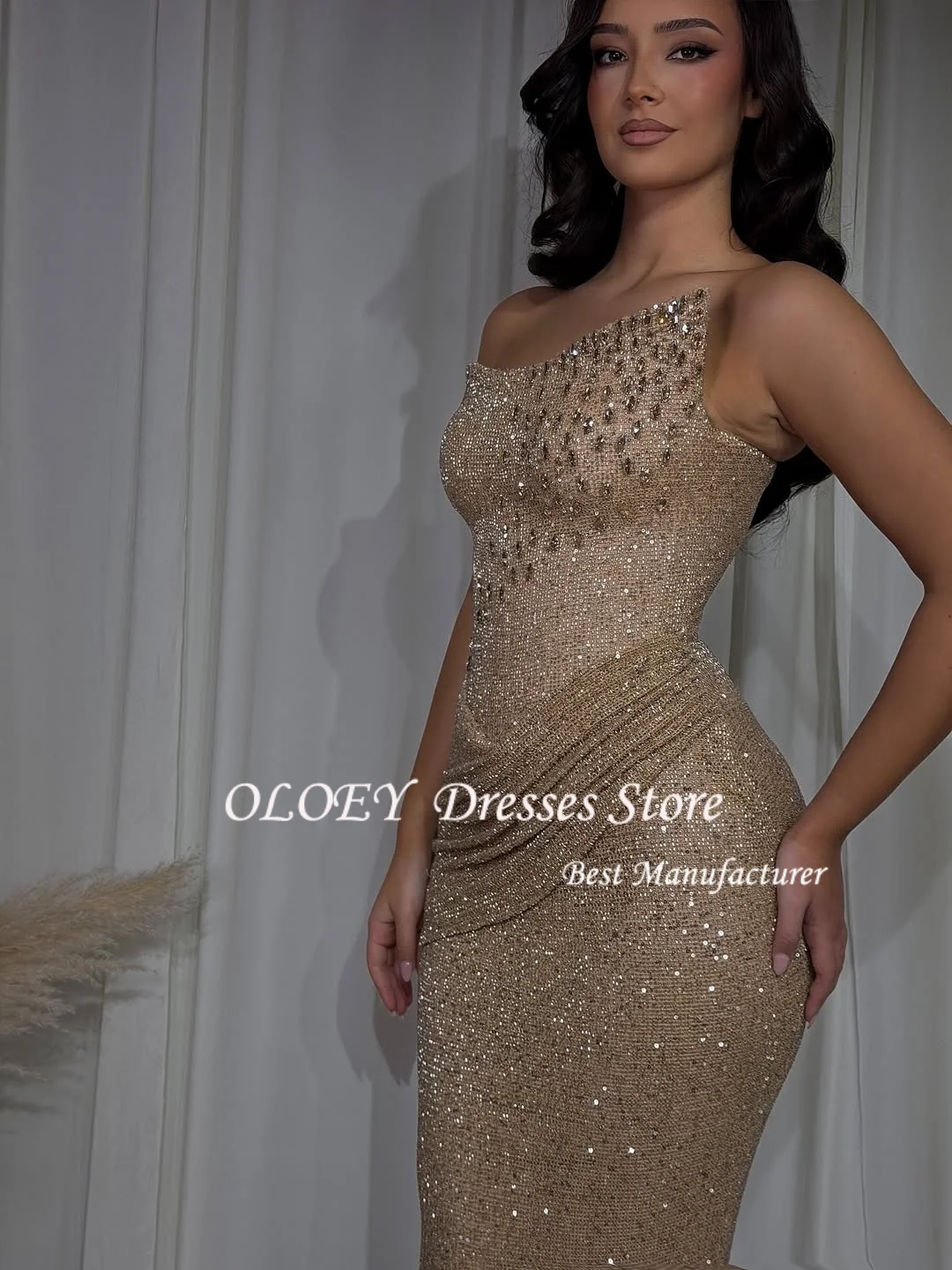 OLOEY Bling Sequin One-Shoulder Dresses for Women Pleat Strapless Vestidos de Customization Special Occasion Dresses