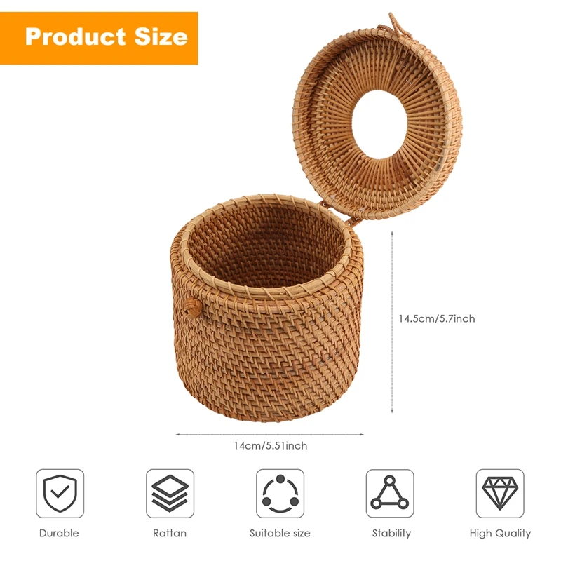 Round Rattan Tissue Box Vine Roll Holder Toilet Paper Cover Dispenser For Barthroom,Home,Hotel And Office