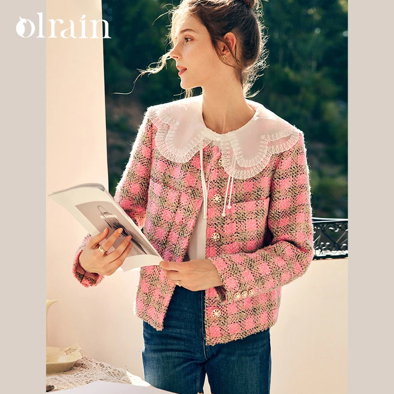 OLrain Women's French Tweed Short Jacket New Autumn Pink Plaid Youthful Elegant Versatile Slim Daily Lady Outer Coat O22QW65115