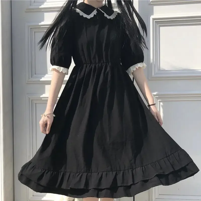 

New Black Kawaii Lolita Dress Sen Girls Fairy Cute Lolita Doll Neck Fluffy Sleeve Dress Fashion Women's Wear 2025