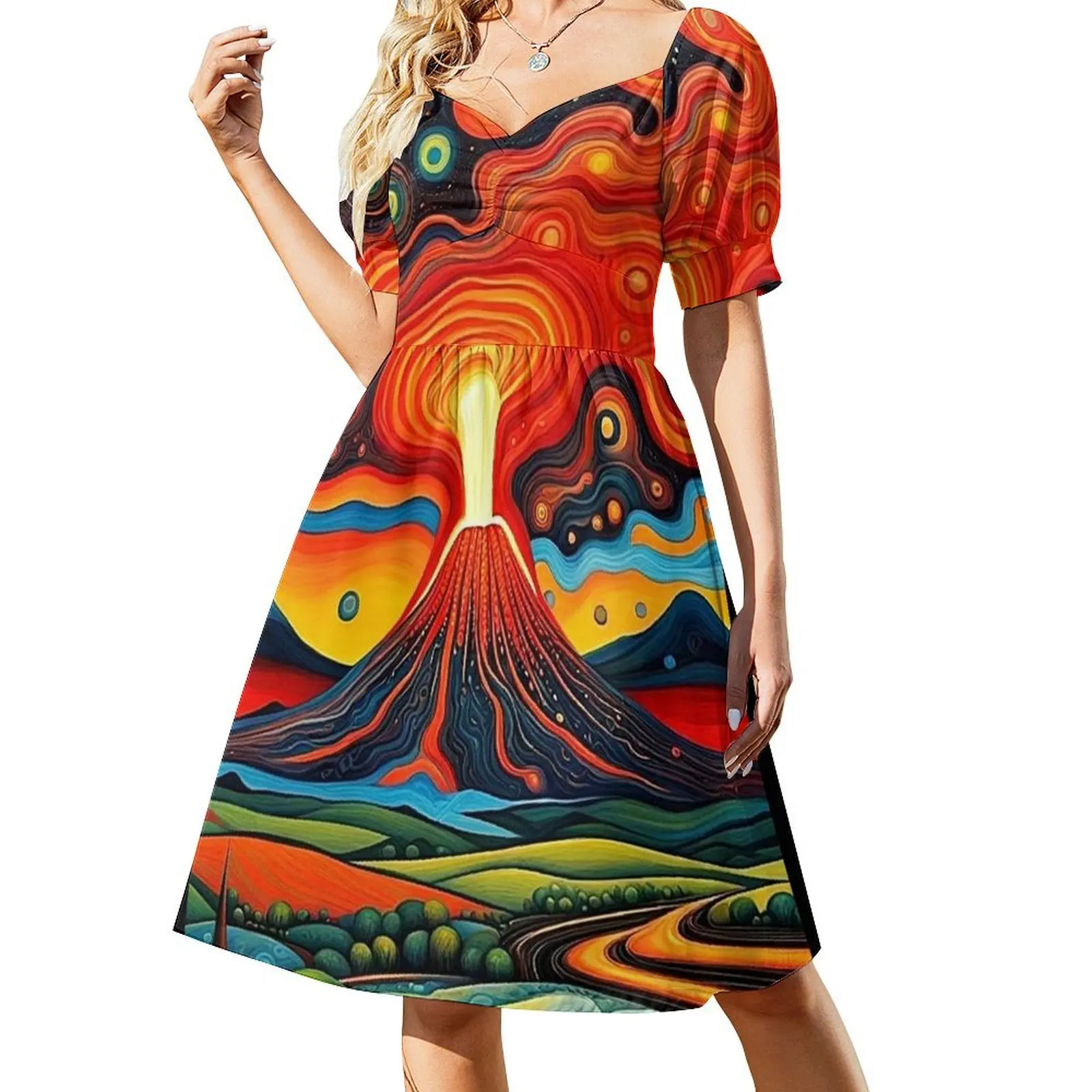 

Erupting volcano at night 7 Short Sleeved Dress summer dress womens 2025 Women's evening dress