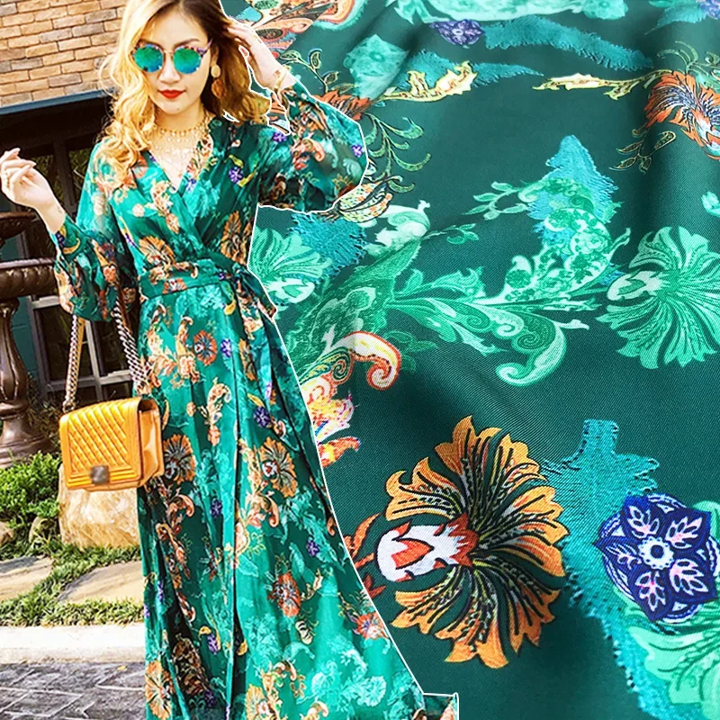 

2019 new peacock green feather flower high-end digital printing polyester fabric clothing handmade DIY fabric spring and summer