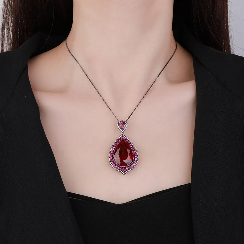 Jewelry Gold-Plated Red Corundum Large Water Drop Black Gold Pendant Necklace Main Stone 18*25