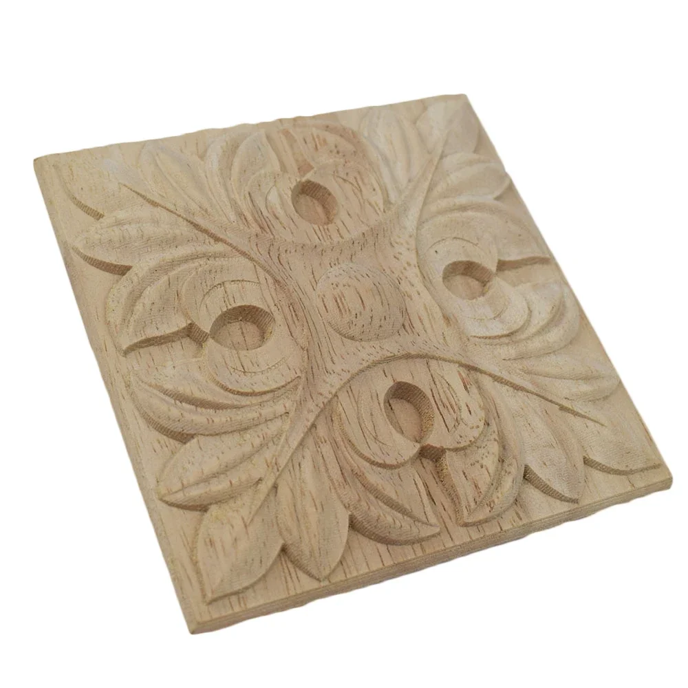 4PCS Flower Carving Natural Wood Appliques for Furniture Cabinet Unpainted Wooden Mouldings Decal Decorative Figurines