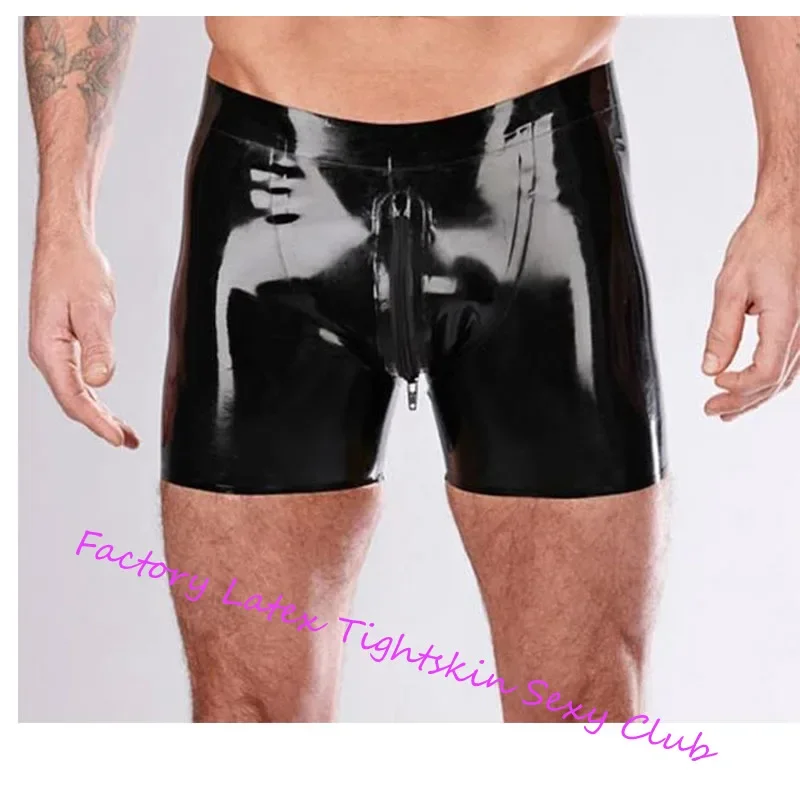 Latex Shorts Rubber Boxer Briefs with Front Crotch Zipper Panties Underwear Pants Party Club Wear Costume ( No Back Zip)