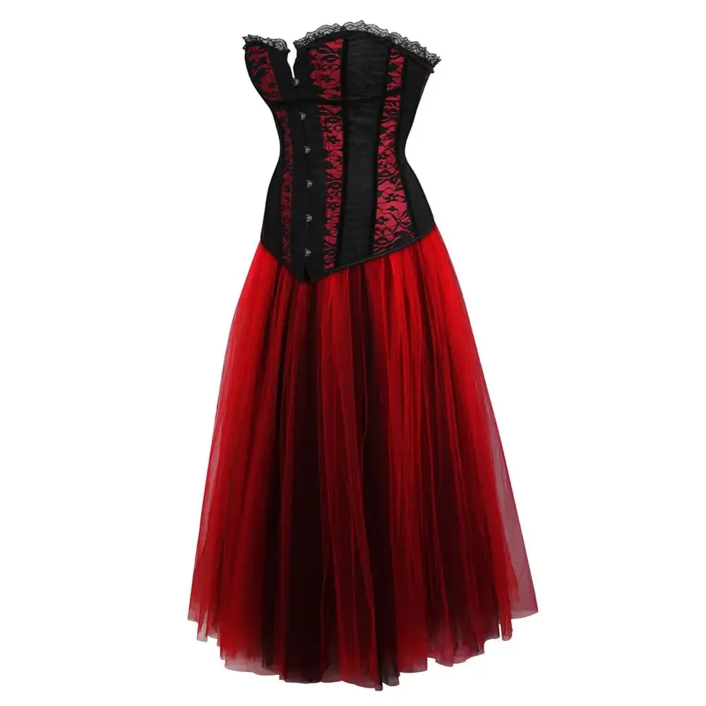 Gothic Corset Skirt Steampunk Floral Boned Bustiers Lace Up Corset with Tulle Dress Performance Outfit Women Renaissance Costume