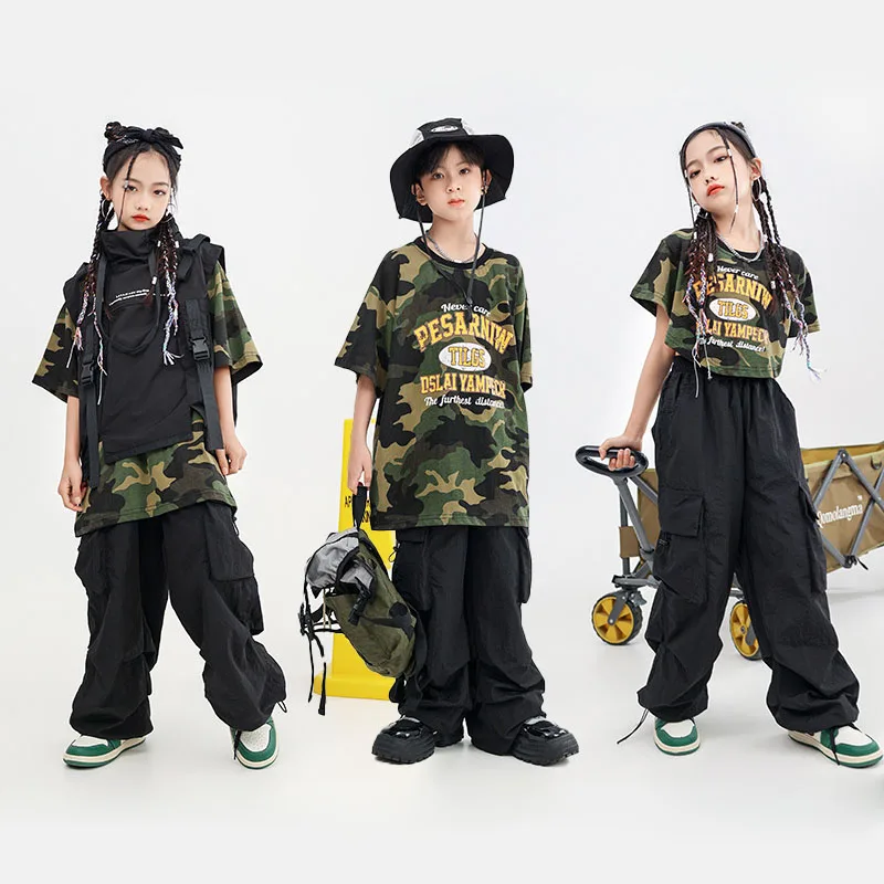 키즈 힙합 의류 카모 오버사이즈 티셔츠 크롭탑 베스트 블랙 캐주얼 포켓 카고 팬츠 (여아/남아) 재즈 댄스 의상