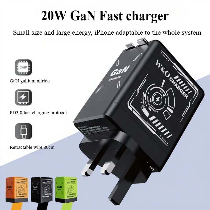 20w-gan急速充電器、80cm巻き取り式ケーブル付き、iphone、android、その他の携帯電話に対応したポータブル多機能折りたたみ式充電器