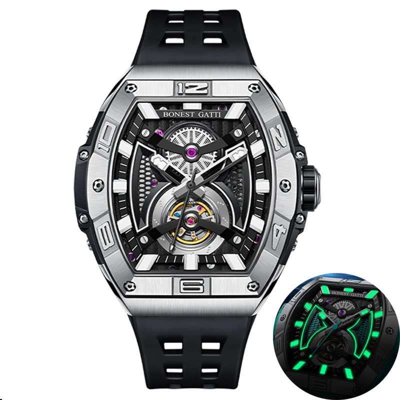 BONEST GATTI Men Automatic Watch 42mm Tonneau Mechanical Wristwatch 50m Waterproof Sapphire Luminous Skeleton Dial