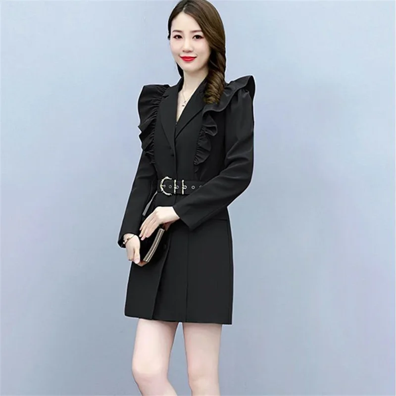 2025 สีเขียว Trench Coat ผู้หญิง Blazers Windbreaker Flounce Sashes เสื้อลําลอง Lady ความยาวปานกลาง Slim Jacket ฤดูใบไม้ผลิฤดูใบไม้ร่วง