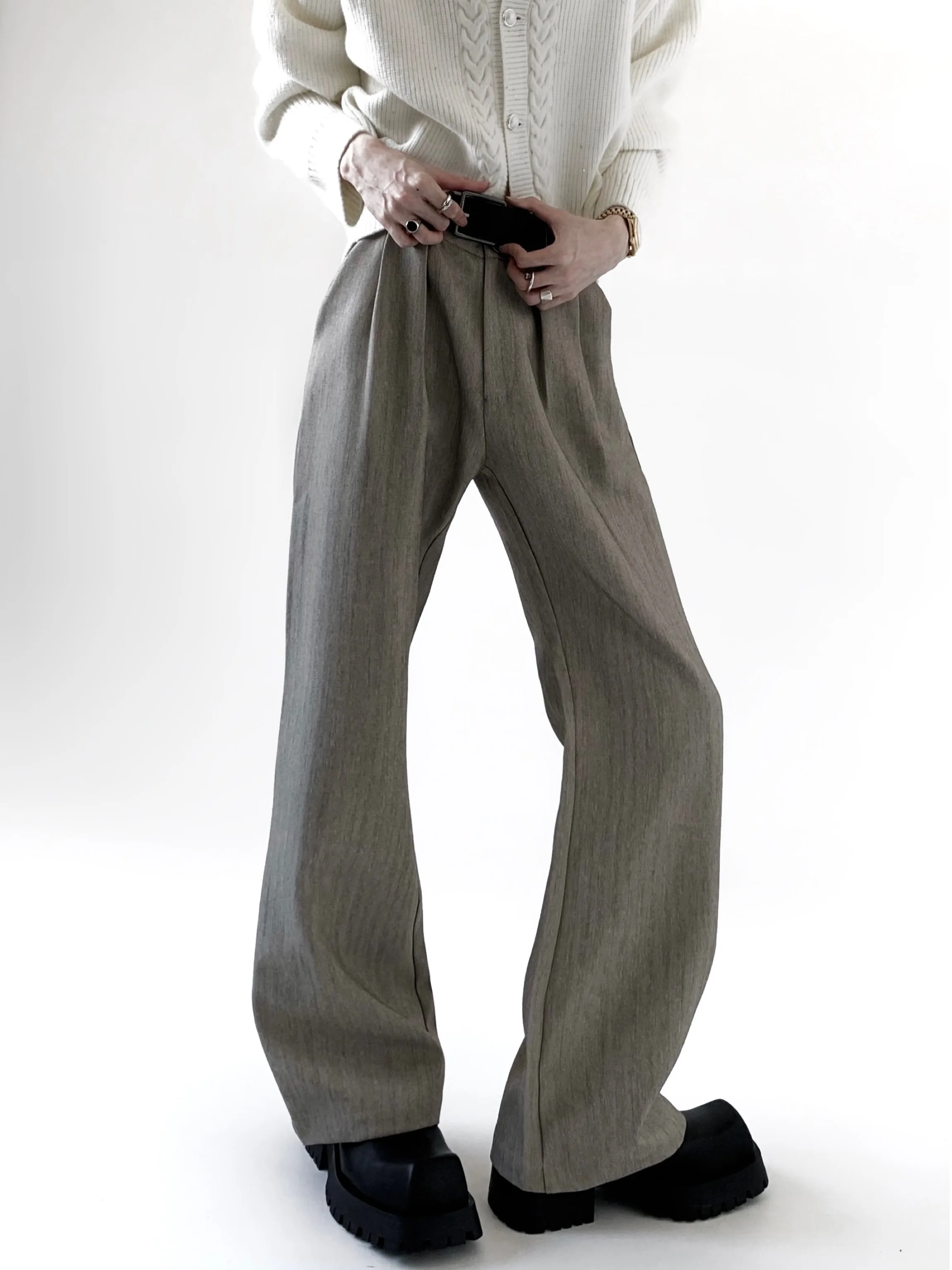 Autumn Mountain Style Men's Khaki Pants Draped Texture Stripe Straight Leg Trousers CleanFit Korean Style Casual Wear