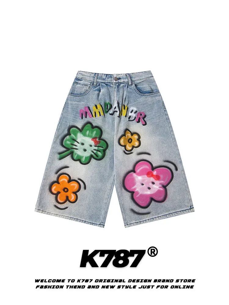 

Джинсовые шорты унисекс с высокой талией, свободного кроя, с мультяшным граффити, летние, удобные, из хлопка, прямого кроя