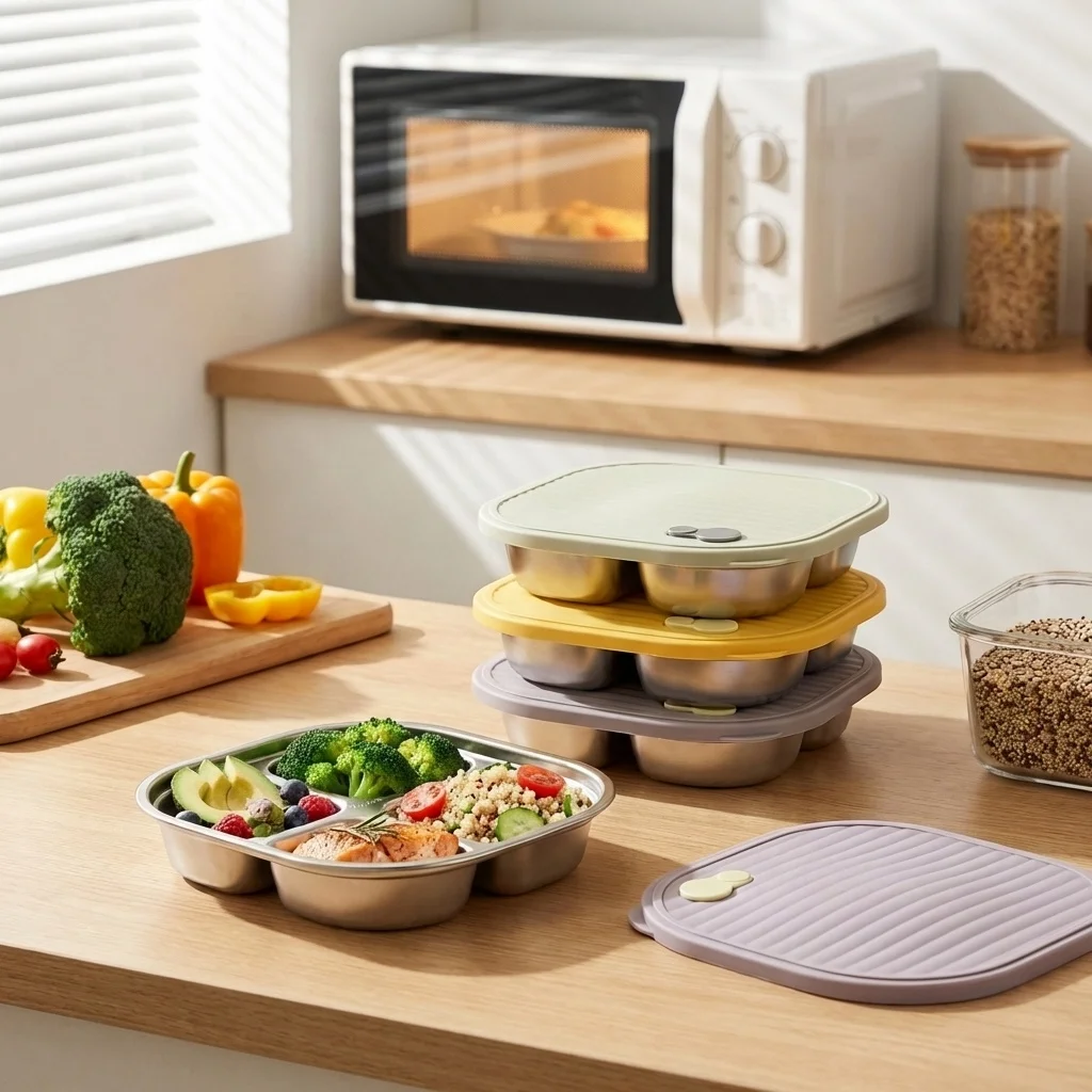 Microwave Safe 304 Stainless Steel Plate with Lid Portion Control Divided Food Tray Adult Diet Dish Kitchen Tableware Dinnerware