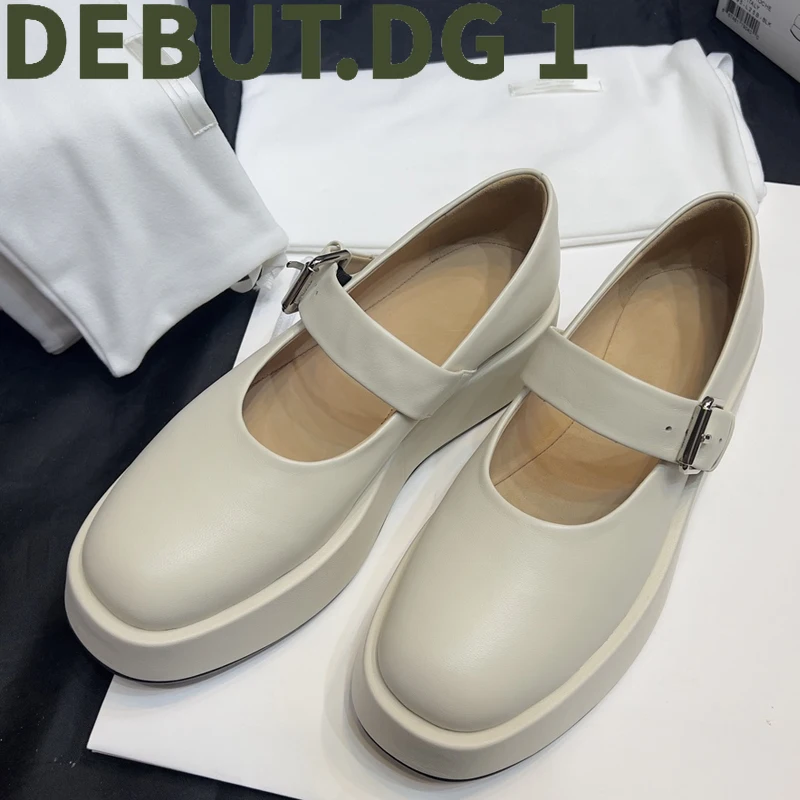 Platform Mary Jane Flats Chunky Rubber Sole Imported Full-Grain Lambskin Leather Breathable Lining Vintage Style Shoes