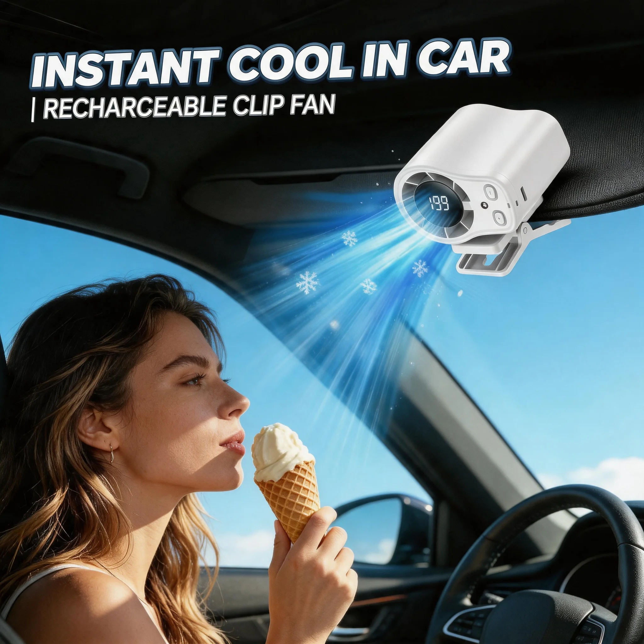 

Portable Semiconductor Cooling Car Fan USB Rechargeable Clip on Desk Fan LED Display 360 Rotation Quiet 4 Speeds for Car Camping