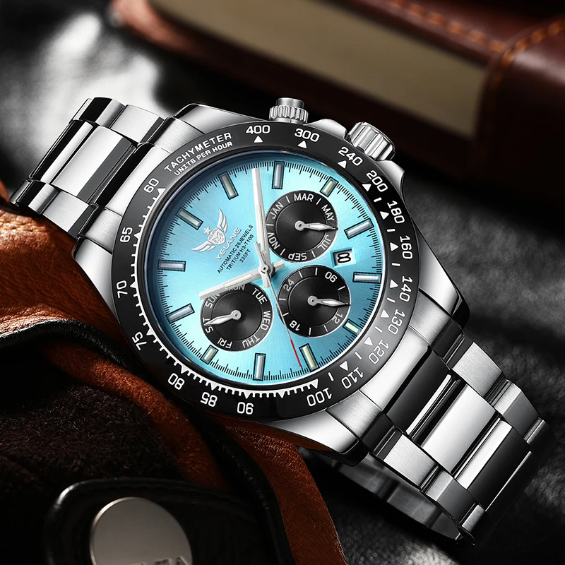 Yelang Men Sports Watch 42mm Panda Six Eyes Flying Probe Retro Luxury 9120 Fully Automatic Mechanical Sapphire 10Bar Luminous