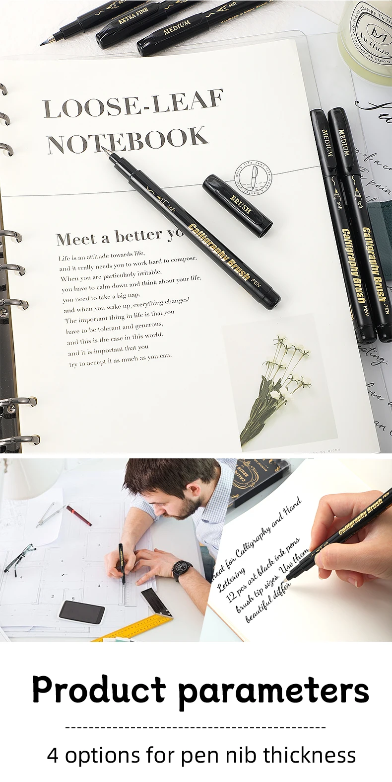 4-teiliges Kalligraphie-Stift-Set mit schwarzer Handschriftzug, Zeichnen, Schreiben, Lernen, feine Pinselmarkierungen, Kunstbedarf, Manga-Stift – Detail 10