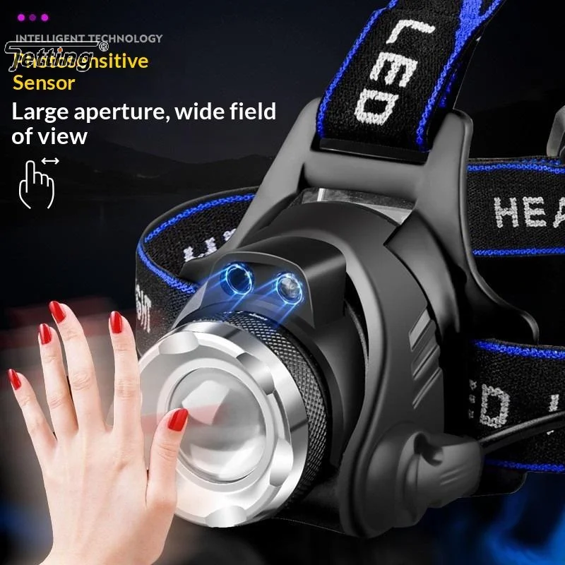 Powerful LED Induction Headlamp Rechargeable Battery Headlight Aluminium Outdoor Camping Lamp High Lumen Head Torch