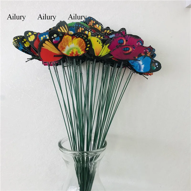 50pcs Double Layer 7cm Simulation Butterfly With Pole Plugs Garden Garland Decorative Landscaping,Insert Flowerpot