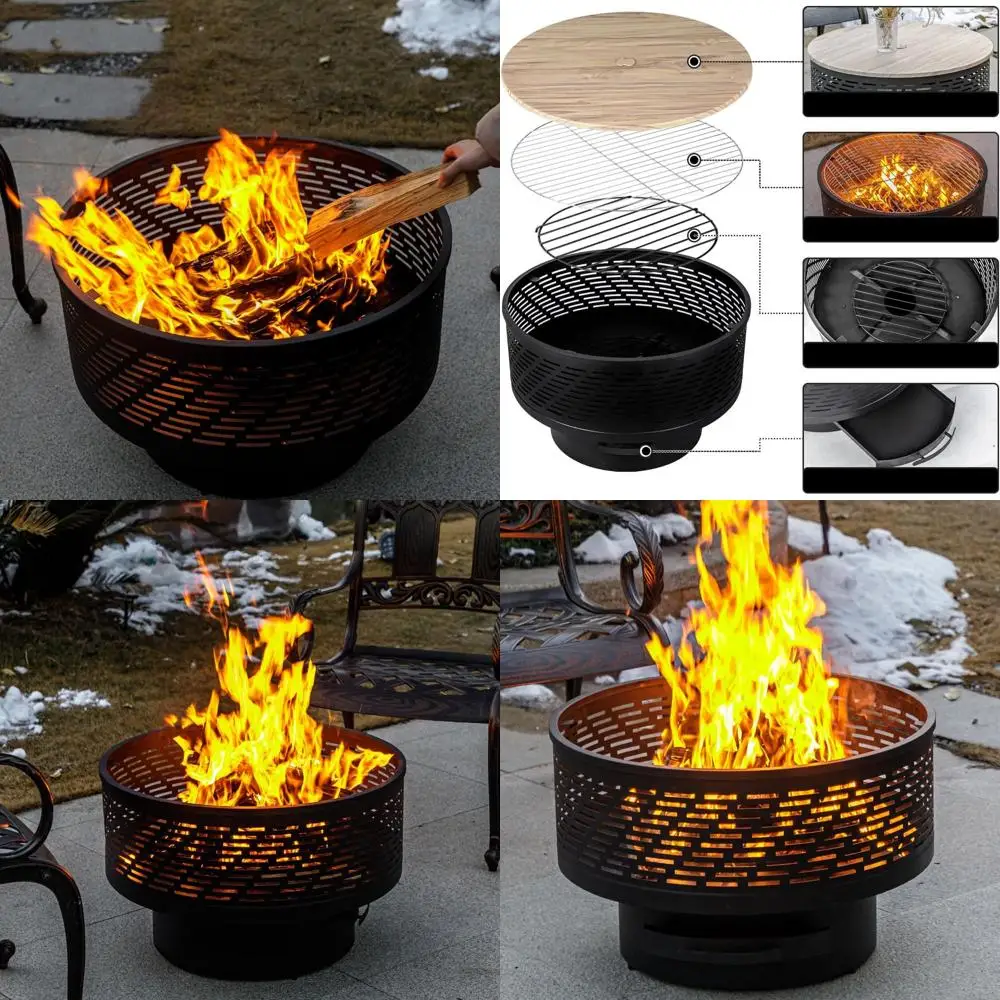 

26-дюймовое уличное костровое место для розжига дров с грилем, крышкой и жаровней - идеально подходит для барбекю и костровых вечеринок